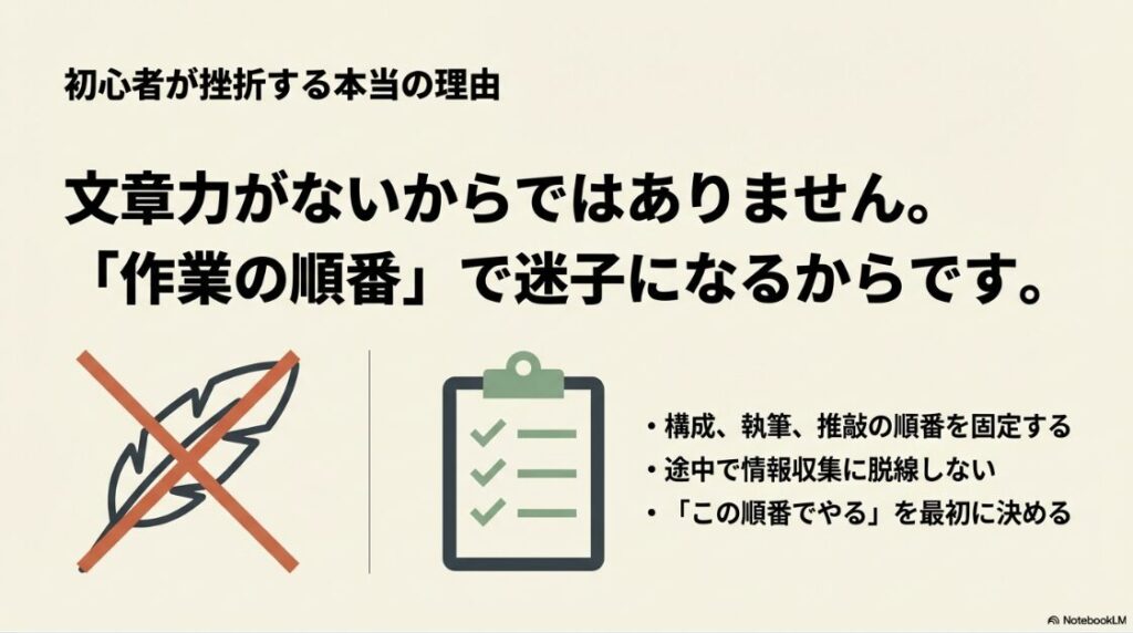 Webライタースクールが必要か迷う人へ│Webライター初心者が挫折する理由は文章力ではなく、構成や執筆など作業の順番で迷子になるからであると解説するスライド