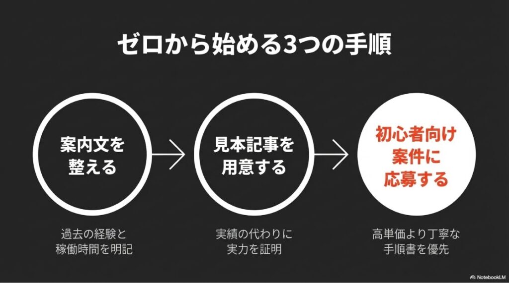 Webライターに向いてる人は？必要なスキル：初心者がゼロから始める3つの手順。案内文を整える、見本記事を用意する、案件に応募する