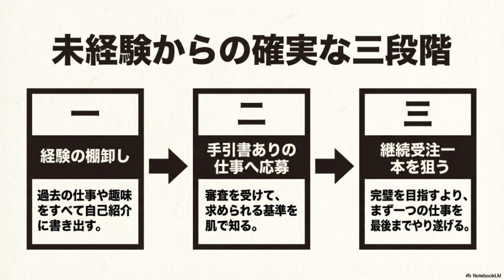 Webライターはどんな仕事内容？何をするか：経験の棚卸し、手引書ありの仕事への応募、継続受注1本を狙うという未経験からの確実な3つの手順