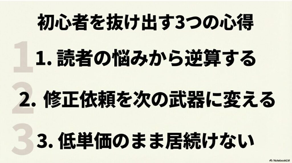 Webライターのやりがいは?楽しい理由:Webライター初心者を抜け出すための3つの心得(読者の悩みから逆算する、修正依頼を次の武器に変える、低単価のまま居続けない)をまとめたスライド