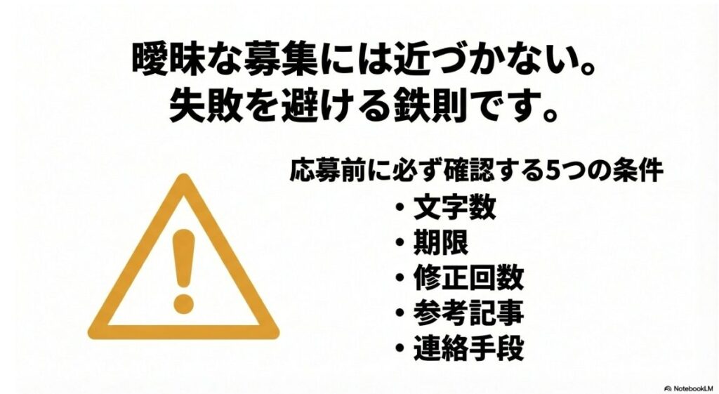 Webライターで副業の始め方|失敗を避けるための鉄則として、曖昧な募集には近づかないことが重要です 。応募前に必ず確認する5つの条件は、文字数、期限、修正回数、参考記事、連絡手段です 。