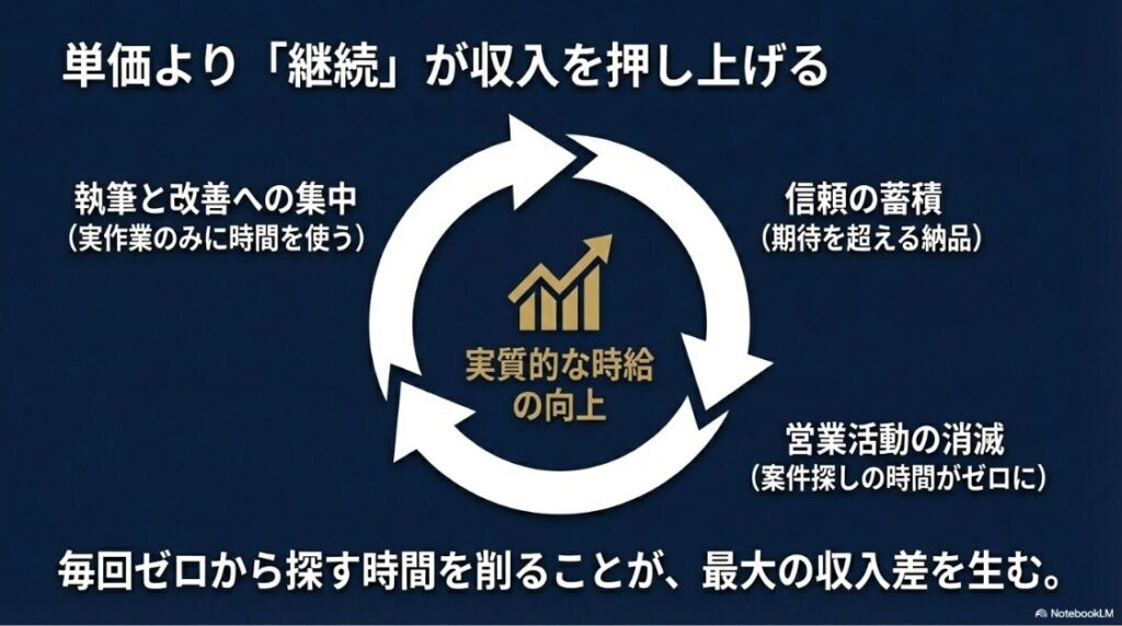 Webライター副業をやってみた体験談│継続案件の獲得が実質的な時給向上と収入アップにつながる好循環サイクル図