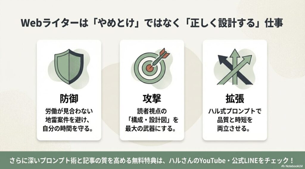 Webライター副業はやめとけ・ひどいは本当?Webライターはやめとけではなく正しく設計する仕事であり、地雷案件を避ける防御、読者視点の構成という攻撃、AIを使った拡張が重要