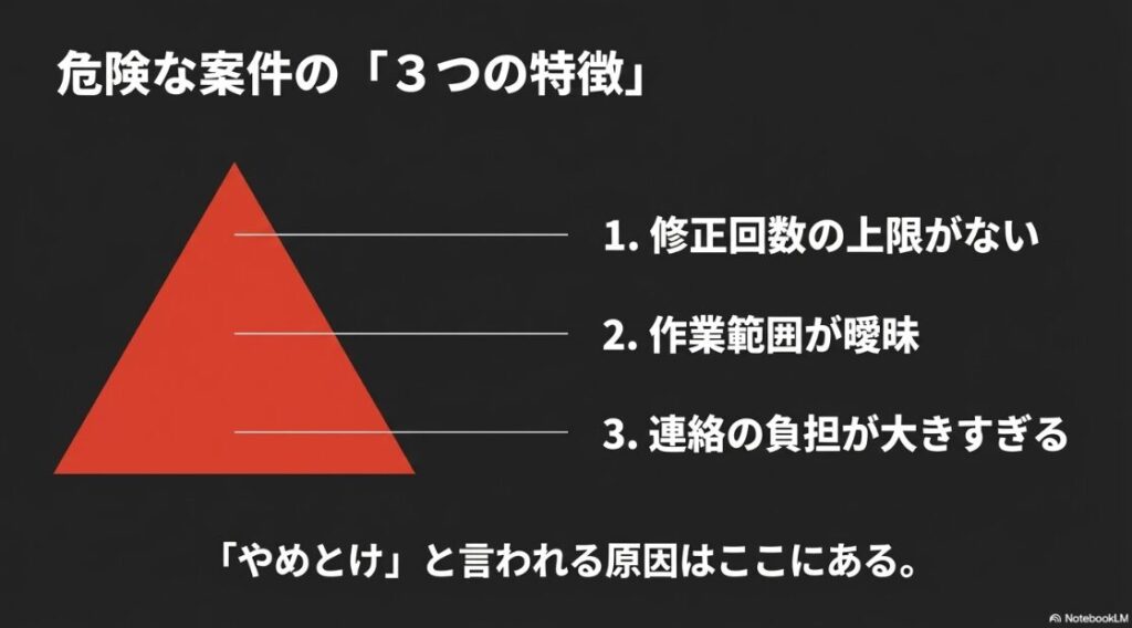 Webライターに向いてる人は？必要なスキル：危険な案件の3つの特徴。修正回数の上限がない、作業範囲が曖昧、連絡の負担が大きすぎる