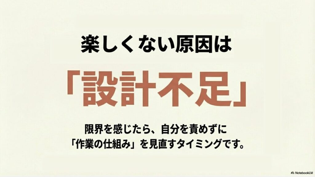 Webライターのやりがいは?楽しい理由:Webライターが楽しくない原因は才能不足ではなく設計不足であり、作業の仕組みを見直すタイミングであることを伝えるスライド