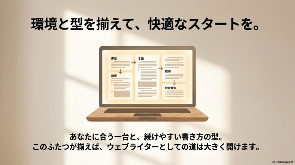 Webライターのパソコン選びでおすすめの初心者向け：ノートパソコンの画面に序章から結論までの記事構成が表示されているイラスト。あなたに合う一台と続けやすい書き方の型が揃えば、ウェブライターとしての道は大きく開けるというまとめのメッセージ。