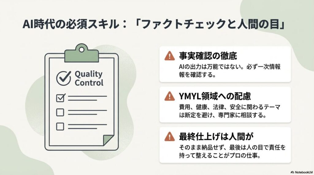 Webライター副業はやめとけ・ひどいは本当?AI時代の必須スキルとして、事実確認の徹底、YMYL領域への配慮、そして最終仕上げは人間が行う品質管理が重要