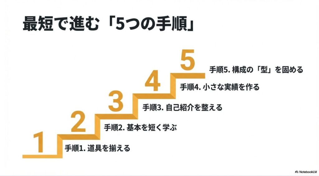 Webライターで副業の始め方|最短で進むための手順は、手順1:道具を揃える、手順2:基本を短く学ぶ、手順3:自己紹介を整える、手順4:小さな実績を作る、手順5:構成の「型」を固める、の5つです 。