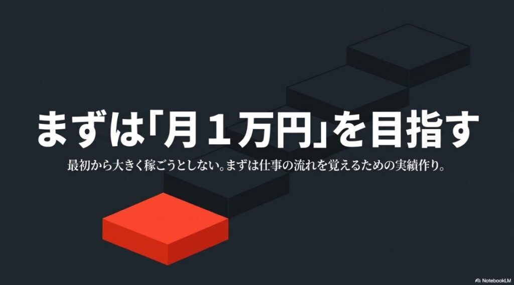 まずは月1万円の収入を目指す。最初から大きく稼ごうとせず仕事の流れを覚える実績作りから