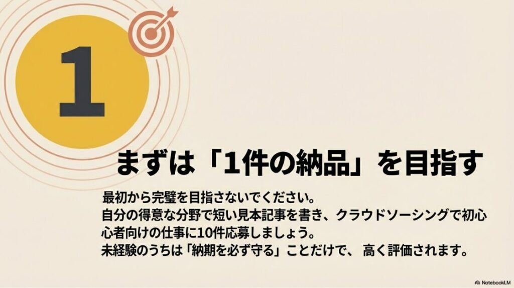 Webライター未経験の主婦の収入|完璧を目指さず得意分野で見本記事を書き、初心者向け案件に10件応募してまずは1件の納品を目指す手順
