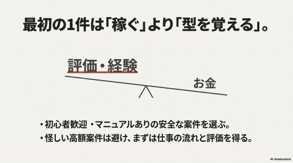 Webライターになるには未経験でも可能！最初の1件は稼ぐより型を覚える。お金よりも評価と経験を優先し、初心者歓迎でマニュアルありの案件を選ぶ 6枚目ピラミッド図 以下の文章の直後「この当たり前を徹底していくと、少しずつ「次もお願いします」が増えていきます。」web-writer-basic-rules当たり前の徹底が単価アップへの道すぐ返信する、納期を守る、素直に修正するといった当たり前の徹底が、継続依頼と単価アップにつながる 7枚目AI活用 「読者に伝わる記事設計がしやすい」の見出しの直前web-writer-ai-promptAIプロンプト活用による圧倒的な時短記事の構成や見出し作りにハル式プロンプトを活用し、執筆時間を削りながら読者目線の品質を保つ 8枚目人間の目 注意書きブロック内の以下の文章の直後「もちろん、事実確認、一次情報の確認、体験談の肉付けは人間側が必ずやるべきです。ここを勘違いしないことが、安心して使い続けるコツかなと思います。」web-writer-human-check最後の仕上げは人間の目でAIはあくまで下書き。事実確認と自分自身の体験談の追加という人間の目による仕上げが記事の価値を決める 9枚目今日動き出そう 記事の最後（以下の文章の直後）「未経験からの最短ルートは、才能で飛び抜けることではなく、基本を積み上げて信頼されることです。書く力は後から伸びます。まずは安心して、最初の1件を取りにいきましょう。」web-writer-start-today完璧を目指さず今日動き出そうすべては最初の1件から始まる。完璧でなくていいので、まずは今日動き出そう