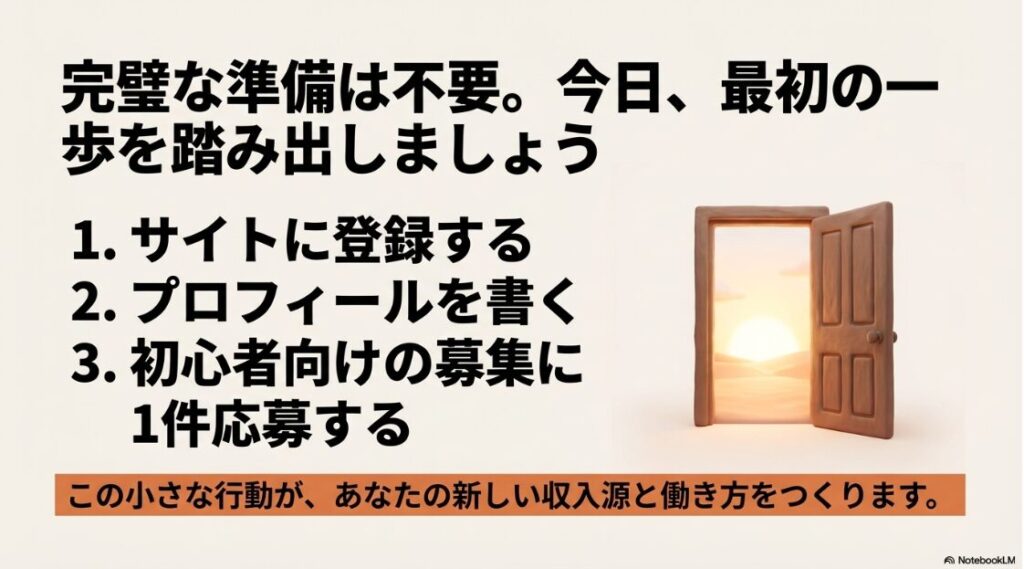 Webライターをフリーランス未経験から始め方│完璧な準備は不要。サイトに登録してプロフィールを書き、小さな最初の一歩を踏み出しましょう