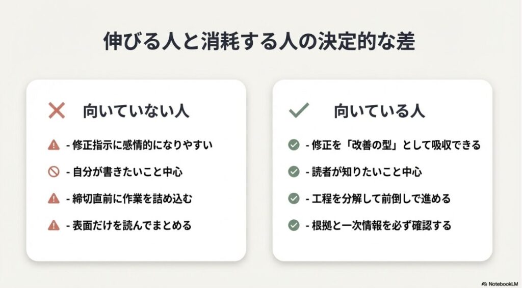 Webライターとして伸びる人は読者中心で修正を吸収できるのに対し、消耗する人は自分が書きたいこと中心で感情的になりやすいという決定的な差