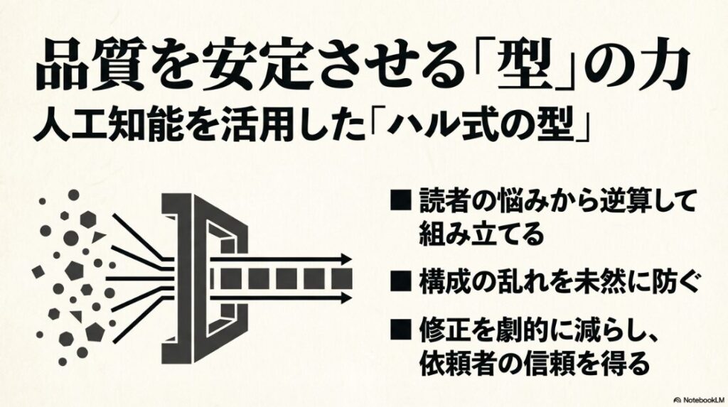 Webライターはどんな仕事内容？何をするか：読者の悩みから逆算して構成を組み立て、修正を劇的に減らすための人工知能を活用した型の力を示す図解