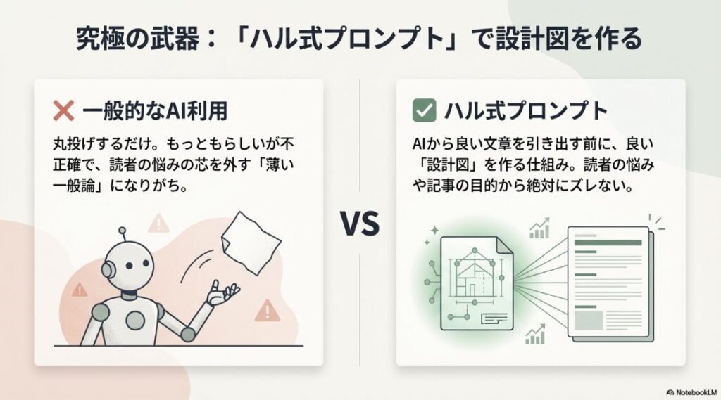 Webライター副業はやめとけ・ひどいは本当?一般的なAIの丸投げ利用とは異なり、AIから良い文章を引き出す前に良い設計図を作る仕組みであるハル式プロンプト