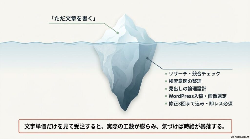 Webライター副業はやめとけ・ひどいは本当?ただ文章を書くだけでなくリサーチや検索意図の整理、WordPress入稿などがあり、文字単価だけで受注すると実際の工数が膨らみ時給が暴落する