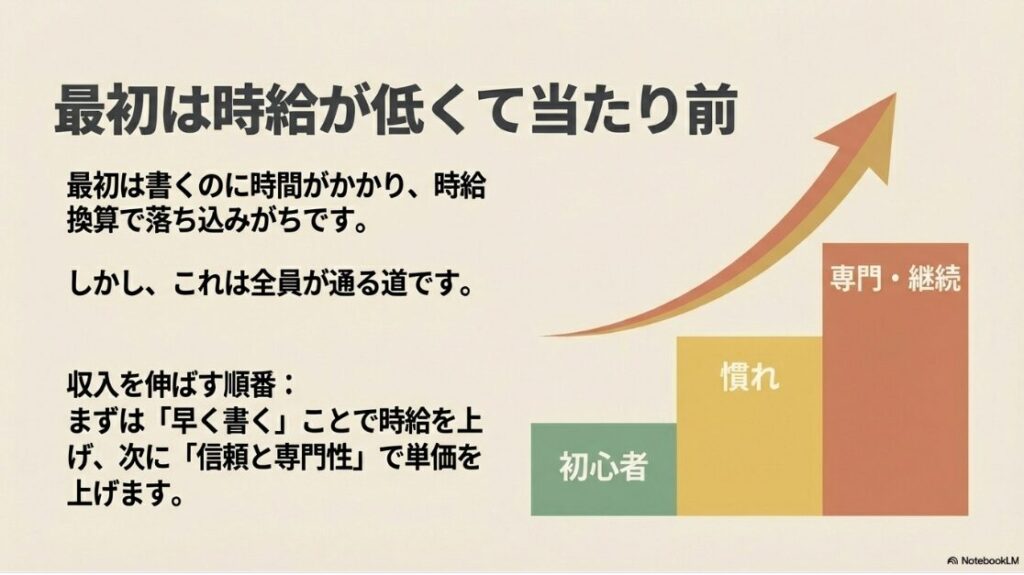 Webライター未経験の主婦の収入|初心者は時給が低くて当たり前であり、早く書くことで時給を上げ、専門性と信頼で単価を上げる収入推移の図