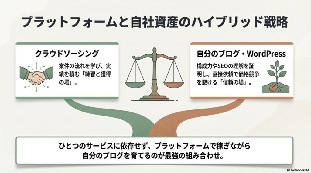 Webライター副業はやめとけ・ひどいは本当?クラウドソーシングで実績を積みながら自分のブログを育て、プラットフォームと自社資産を組み合わせるハイブリッド戦略