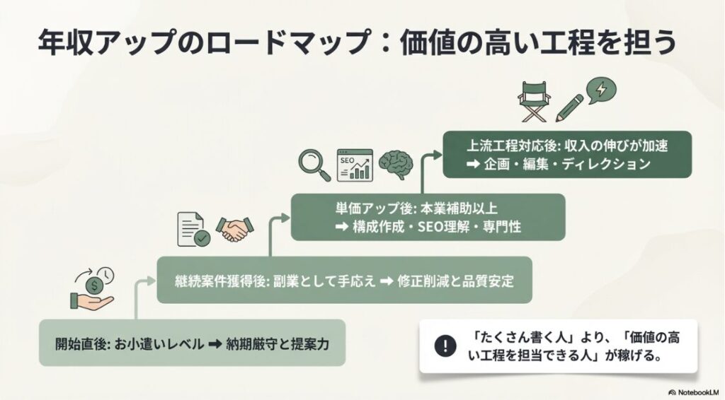 Webライター副業はやめとけ・ひどいは本当?たくさん書く人より価値の高い工程を担当できる人が稼げるという、Webライターの年収アップのロードマップ