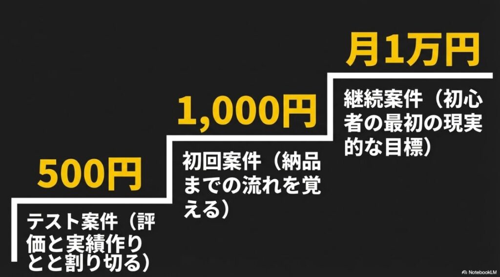 クラウドワークスでライティングをやってみた │スキルなしの現実:テスト案件500円から始まり、月1万円の継続案件を最初の目標にするステップ