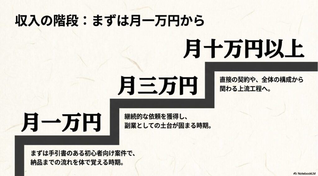 Webライターはどんな仕事内容？何をするか：まずは月1万円から月3万円、月10万円以上と段階的に収入を上げていくためのステップ図