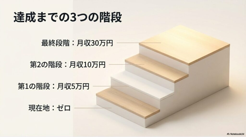 未経験からWebライターで月収30万へ│達成までの3つの階段。現在地ゼロから、第1の階段で月収5万円、第2の階段で月収10万円、最終段階で月収30万円を目指す