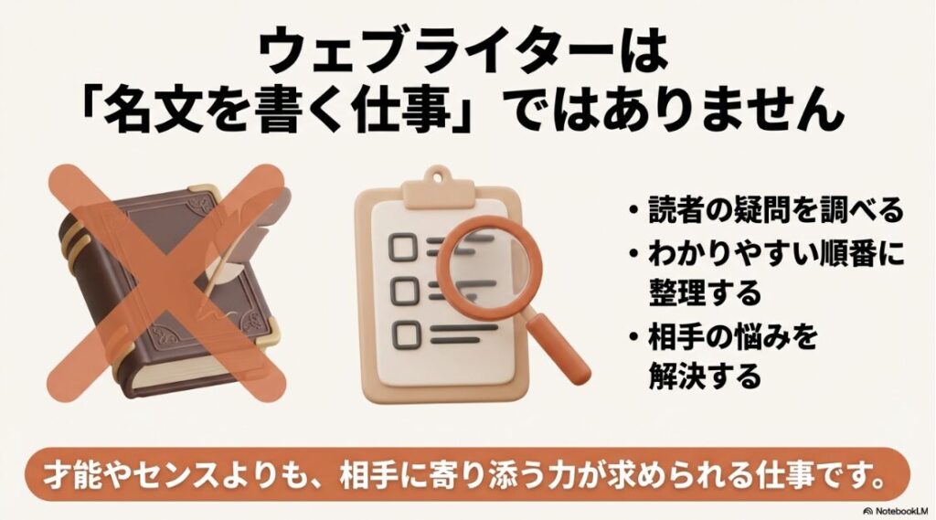 Webライターをフリーランス未経験から始め方│ウェブライターは名文を書く仕事ではなく、読者の疑問を調べてわかりやすく整理し悩みを解決する仕事