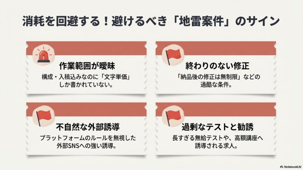 Webライター副業はやめとけ・ひどいは本当?作業範囲が曖昧、終わりのない修正、不自然な外部誘導、過剰なテストなど消耗を回避するために避けるべき地雷案件のサイン