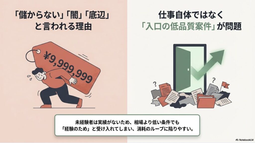 Webライター副業はやめとけ・ひどいは本当?Webライターが儲からない、闇と言われる理由は仕事自体ではなく入口の低品質案件にあり、未経験者は実績がないため消耗のループに陥りやすい