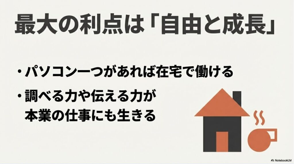 Webライターのメリット・デメリット：パソコン一つで在宅で働け、調べる力や伝える力が本業にも生きるという自由と成長のメリット
