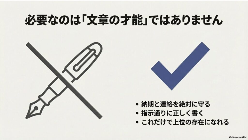 Webライターは稼げるのか：納期と連絡を絶対に守り、指示通りに正しく書くことが重要であると強調している