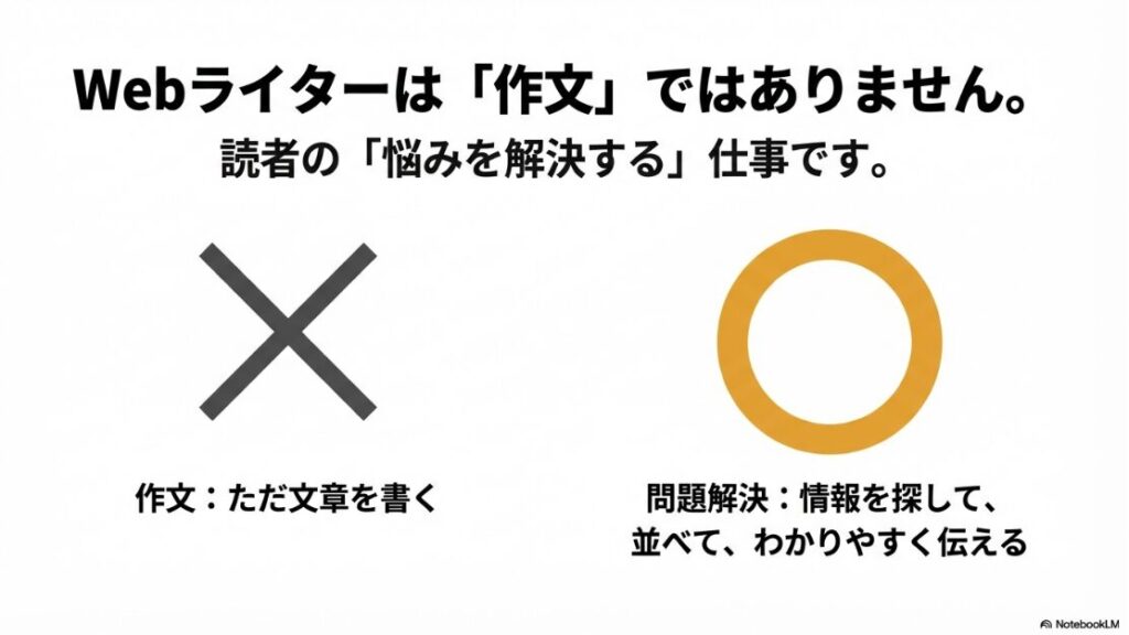 Webライターで副業の始め方|Webライターは「作文」ではなく、読者の「悩みを解決する」仕事です 。作文がただ文章を書くことであるのに対し、問題解決は情報を探して、並べて、わかりやすく伝えることです 。