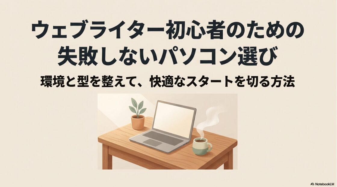 Webライターのパソコン選びでおすすめの初心者向け：デスクに置かれたノートパソコンとコーヒーのイラスト。ウェブライター初心者のための失敗しないパソコン選び、環境と型を整えて快適なスタートを切る方法というタイトル。