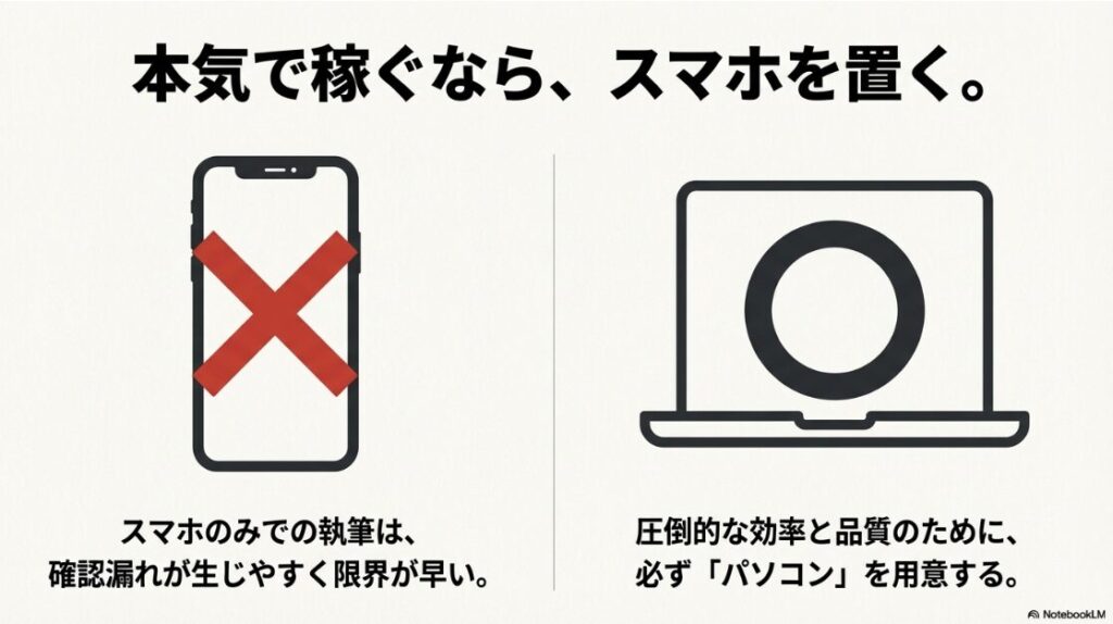 Webライターになるには未経験でも可能！本気で稼ぐならスマホを置く。確認漏れを防ぎ、圧倒的な効率と品質のために必ずパソコンを用意する