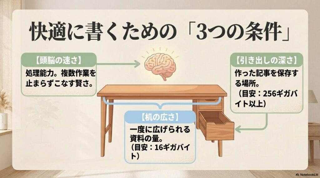 Webライターのパソコン選びでおすすめの初心者向け：パソコンで快適に書くための3つの条件。処理能力を示す「頭脳の速さ」、一度に広げられる資料の量を示す「机の広さ（メモリ16GB目安）」、記事を保存する「引き出しの深さ（SSD256GB以上目安）」の図解。
