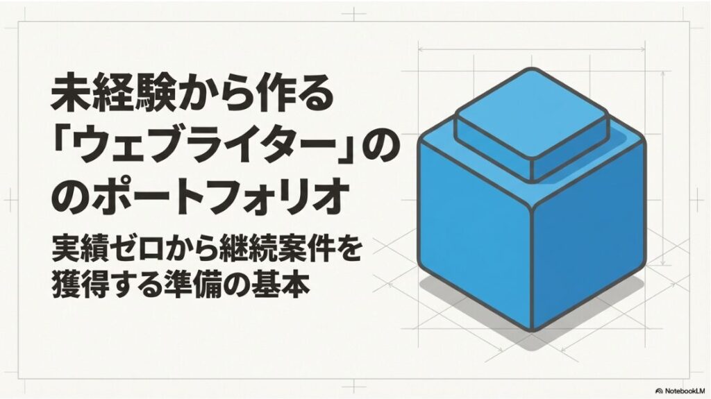 Webライターのポートフォリオ例│未経験の作り方：Webライターのポートフォリオ。実績ゼロから継続案件を獲得する準備の基本を解説したスライド表紙 。