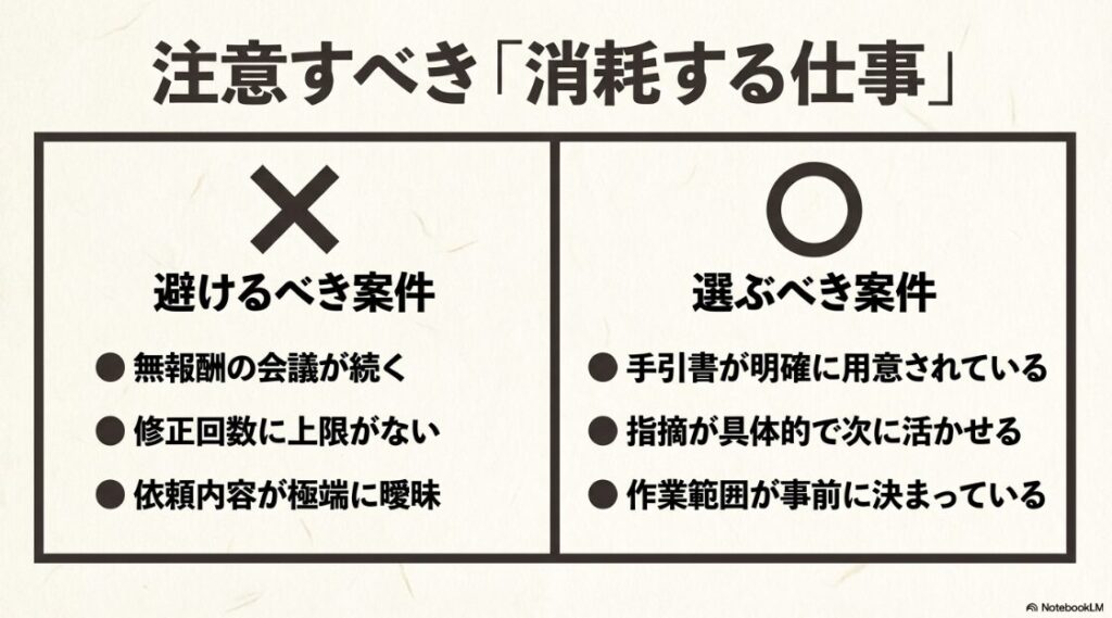Webライターはどんな仕事内容？何をするか：無報酬の会議や修正上限なし等の避けるべき案件と、手引書が明確な選ぶべき案件の比較