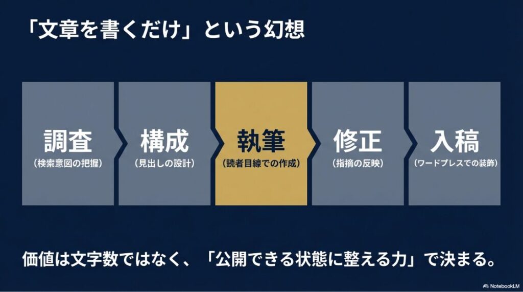 Webライター副業をやってみた体験談│調査、構成、執筆、修正、入稿といったWebライターの実際の仕事内容を示す図解