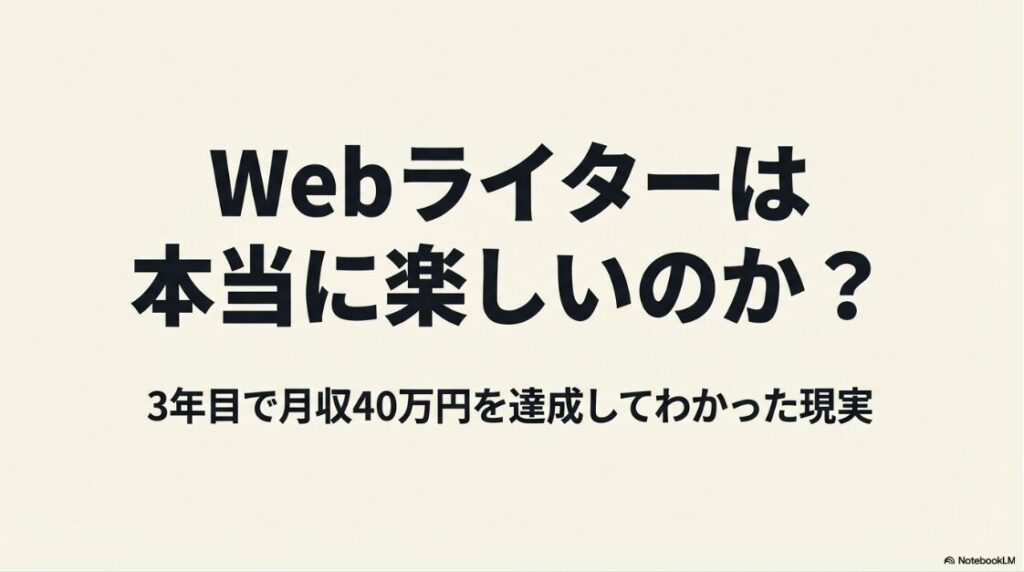 Webライターのやりがいは？楽しい理由：3年目で月収40万円を達成してわかった現実について解説するスライドの表紙画像