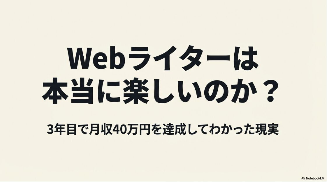 Webライターのやりがいは?楽しい理由:3年目で月収40万円を達成してわかった現実について解説するスライドの表紙画像