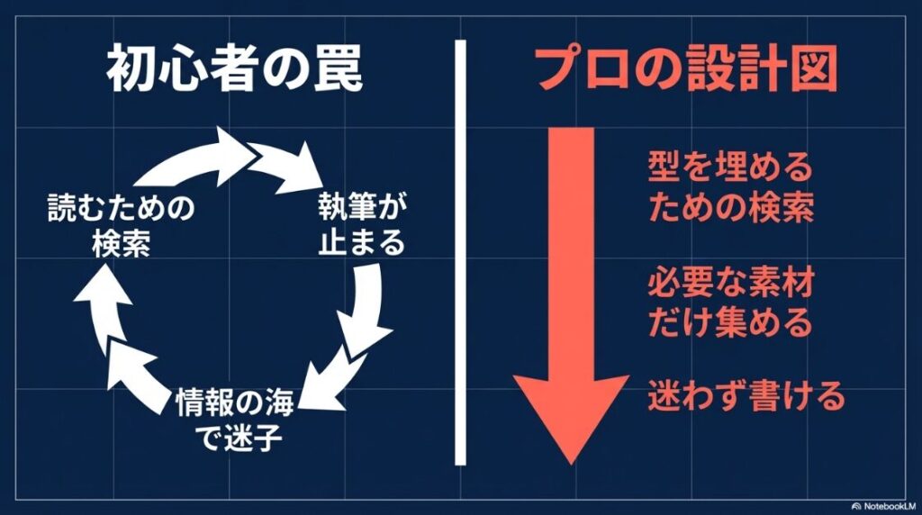 Webライターのリサーチ方法│初心者の罠である「読むための検索」と、プロの設計図である「型を埋めるための検索」の違い。