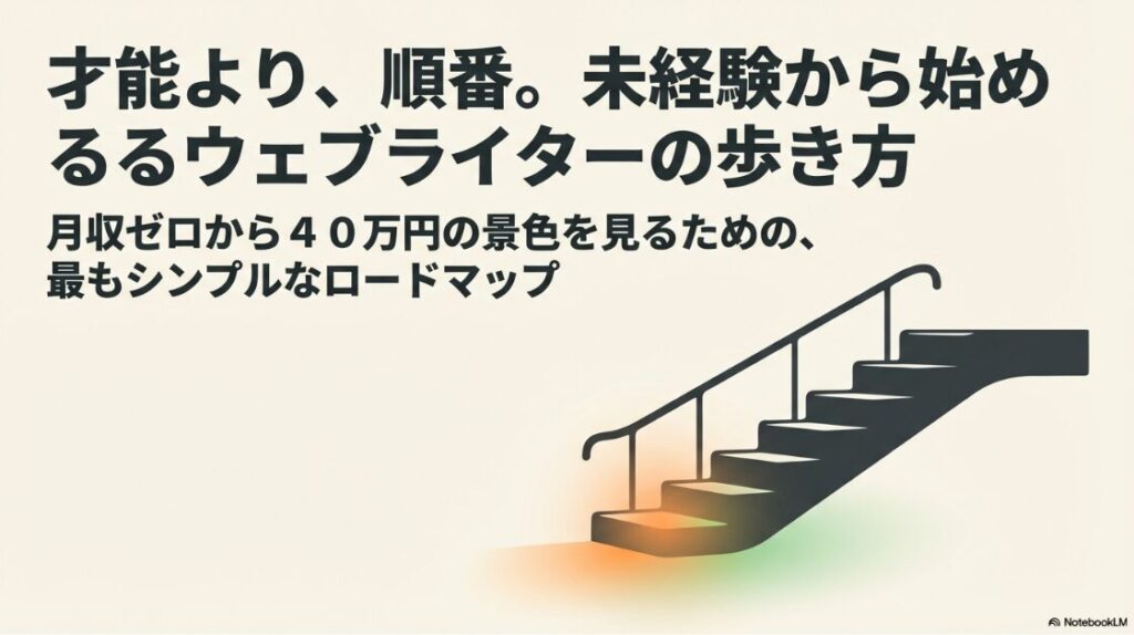 Webライター向けクラウドソーシングのおすすめ：階段を上るイラストと、未経験から月収40万円を目指すWebライター向けロードマップのタイトル画像