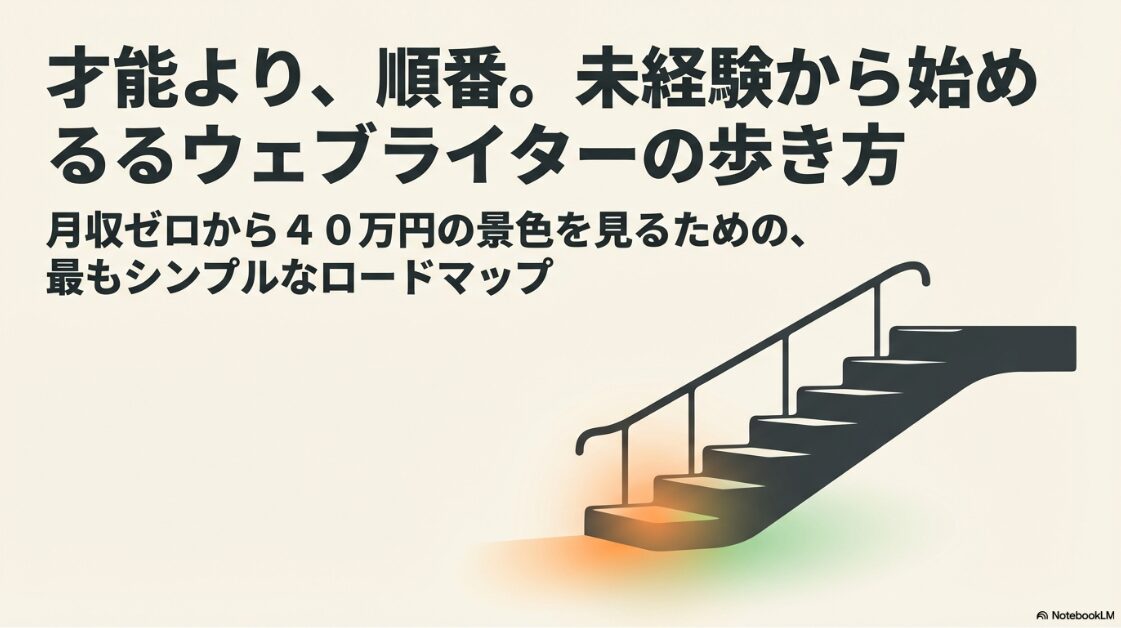 Webライター向けクラウドソーシングのおすすめ：階段を上るイラストと、未経験から月収40万円を目指すWebライター向けロードマップのタイトル画像