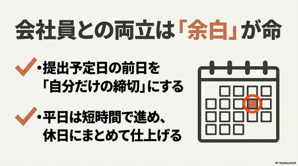 Webライターのメリット・デメリット：提出予定日の前日を自分だけの締切にし、平日は短時間で休日に仕上げるスケジュール管理のコツ