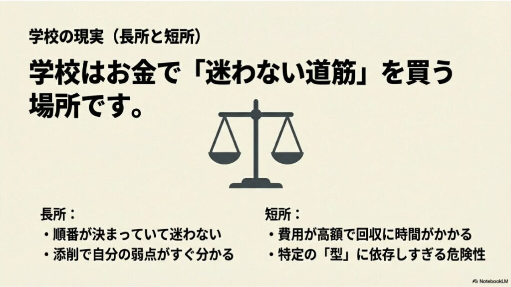 Webライタースクールが必要か迷う人へ│Webライタースクールはお金で迷わない道筋を買う場所であり、その長所と短所を天秤にかけて比較した図