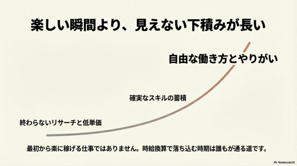 Webライターのやりがいは?楽しい理由:Webライターは楽しい瞬間よりも見えない下積みが長いが、確実なスキルの蓄積があることを説明するスライド