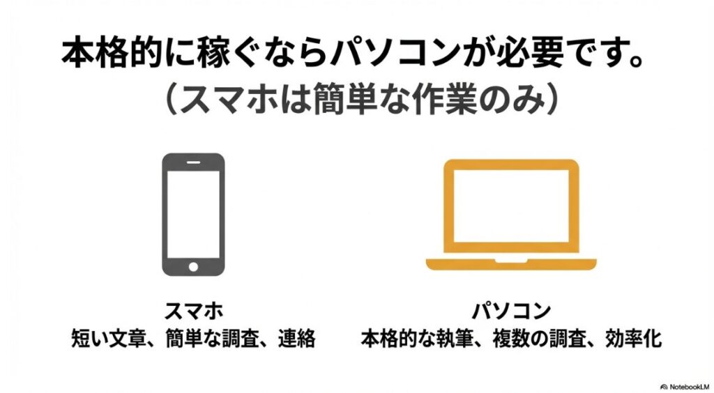 Webライターで副業の始め方|本格的に稼ぐならパソコンが必要であり、スマホは簡単な作業のみに向いています 。スマホは短い文章や簡単な調査に適し、パソコンは本格的な執筆や複数の調査、効率化に適しています 。