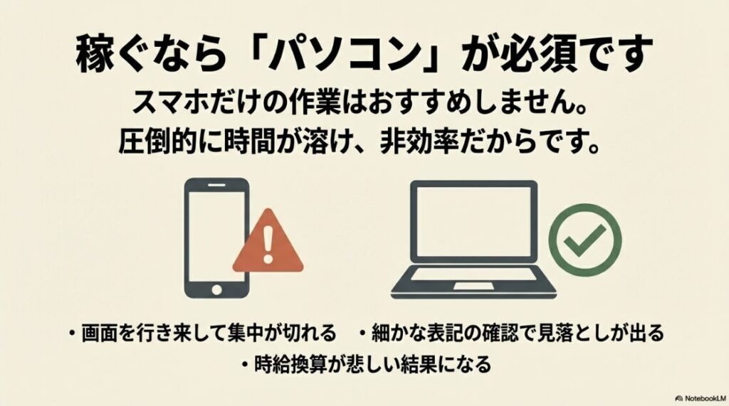 Webライタースクールが必要か迷う人へ│スマホだけの作業は非効率で時間が溶けるため、Webライターとして稼ぐならパソコン環境が必須であることを示すスライド