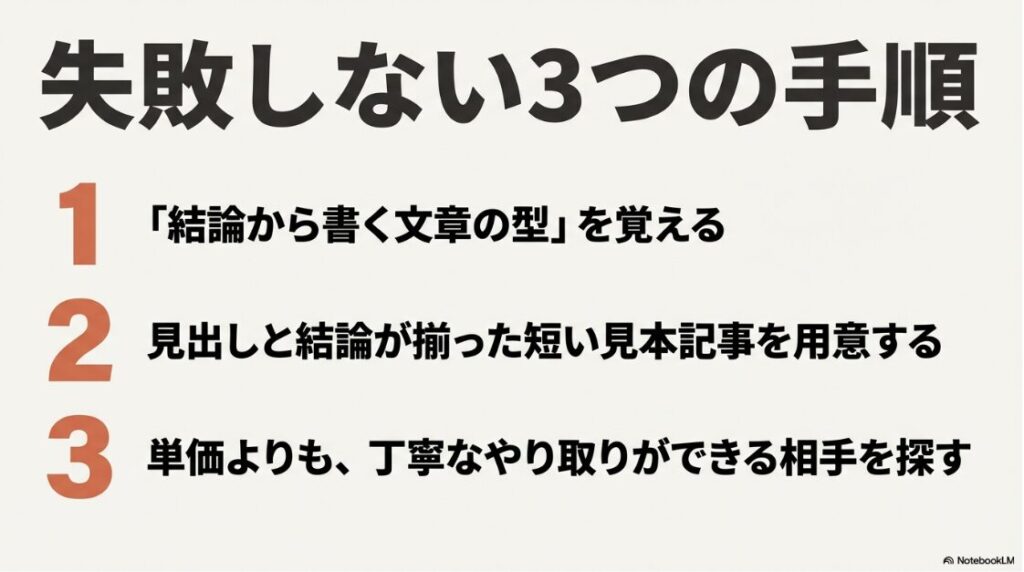 Webライターのメリット・デメリット：結論から書く型を覚える、見本記事を用意する、丁寧なやり取りができる相手を探すという3つの手順