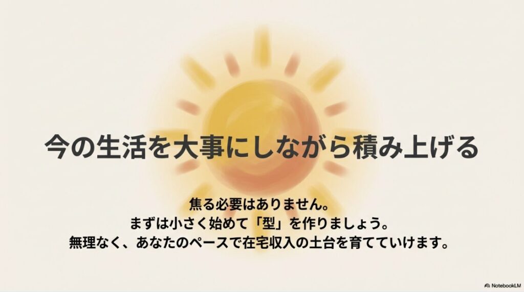 Webライター未経験の主婦の収入|焦る必要はなく、無理なく自分のペースで在宅収入の土台を育てていけるというメッセージ